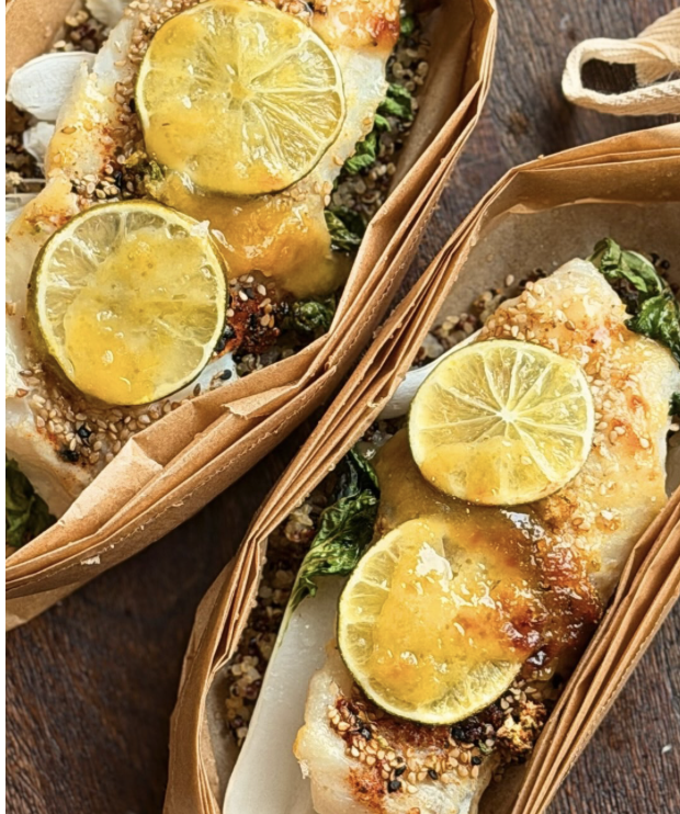 « Papillote » ouverte de poisson blanc, miso-miel
